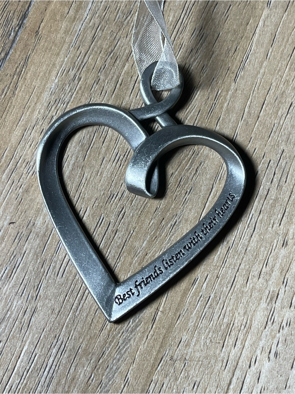 Heart-Shaped Metal Ornament in Silver - "Best Friends Listen with Their Hearts"